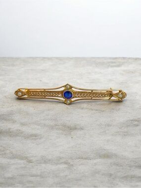 Art Deco 10K Gold Pearl Pin: Antique Blue Stone Brooch